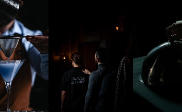 Montage de trois images illustrant l'expérience sensorielle unique de Dans le Noir ? : un cocktail préparé avec soin, un groupe guidé dans l'obscurité et un plat mystère révélé sous une cloche en argent.