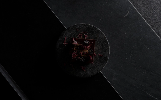 Assiette gastronomique sur fond sombre, illustrant un plat raffiné servi dans un restaurant insolite à Toulouse.