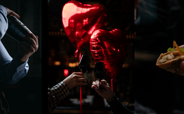 Restaurant romantique pour la Saint-Valentin : barman préparant un cocktail, couple, décor avec ballons en forme de cœur, ambiance cosy et festive