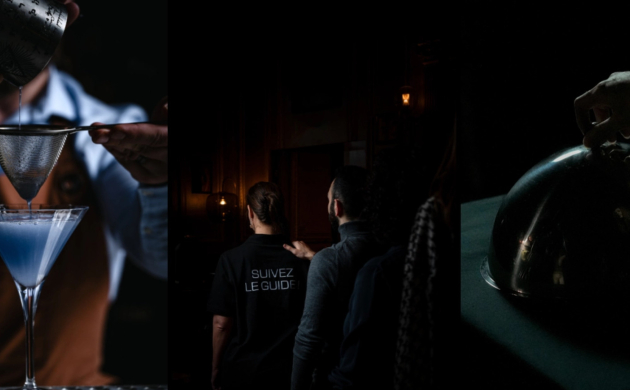 Montage de trois images illustrant l'expérience sensorielle unique de Dans le Noir ? : un cocktail préparé avec soin, un groupe guidé dans l'obscurité et un plat mystère révélé sous une cloche en argent.