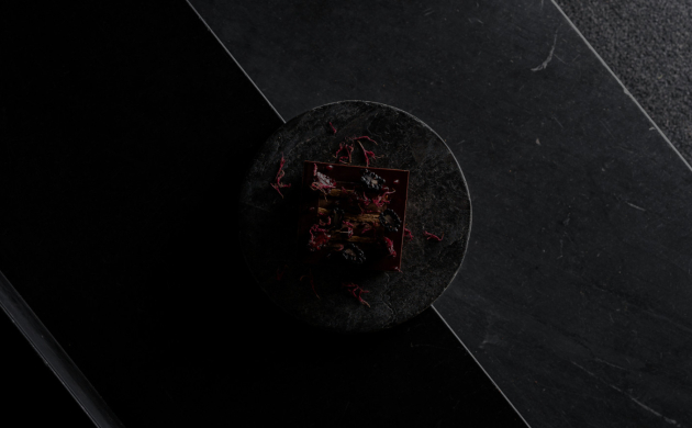 Assiette gastronomique sur fond sombre, illustrant un plat raffiné servi dans un restaurant insolite à Toulouse.